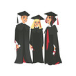 © sabelskaya - Group of three happy college graduates in graduation cap and gown, holding diplomas, flat vector illustration isolated on white background. Graduates, classmates, friends in graduation caps and gowns