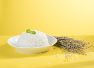 Sticker - Cooked rice on plate with paddy, rice plant , thai jasmine rice