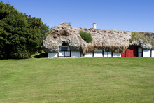 Laesoe / Denmark: Old Half-timbered Farmhouse Thatched With A Seaweed Roof