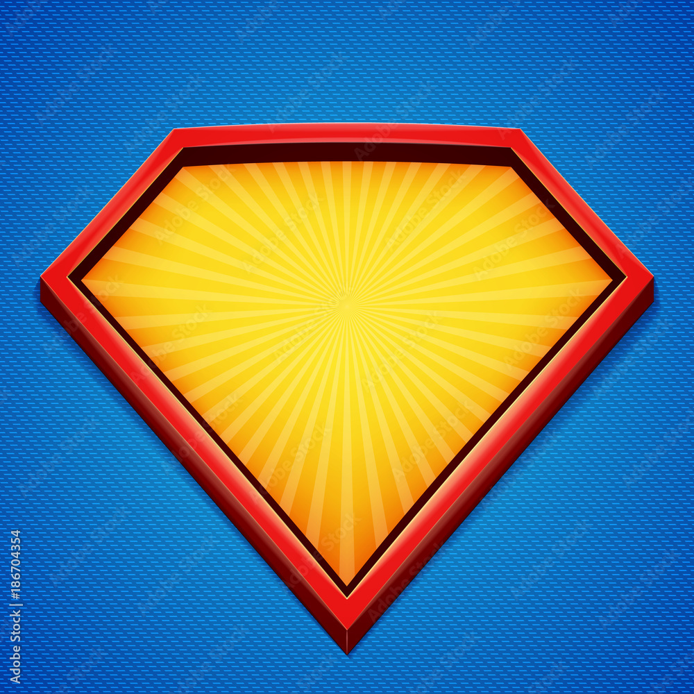 Superhero background. Superhero logo template. Red, yellow frame with divergent rays on blue backdrop. Vector illustration. - obrazy, fototapety, plakaty 