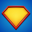 Superhero background. Superhero logo template. Red, yellow frame with divergent rays on blue backdrop. Vector illustration.