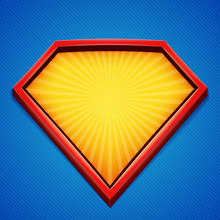 Superhero Background. Superhero Logo Template. Red, Yellow Frame With Divergent Rays On Blue Backdrop. Vector Illustration.