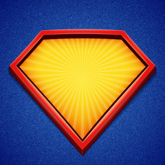 Superhero background. Superhero logo template. Red, yellow frame with divergent rays on blue backdrop. Vector illustration.