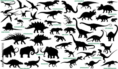 Fotomural prehistoric animals vector silhouettes collection