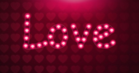 Poster - Love text glowing neon light bulbs with heart pattern