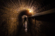 Dark Corridor Of Old Underground Soviet Military Bunker Under Artillery Fortification.