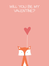 Valentine Card Vector Template With Cute, Adorable Fox Holding Heart. Romantic, Delightful Cartoon Background.