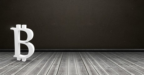 Poster - 3D Bitcoin icon on floor in room with blackboard