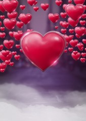 Wall Mural - Shiny bubbly Valentines hearts with purple city misty background