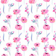 Watercolor pink poppies and floral branches seamless pattern, hand drawn on a white background