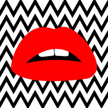 Pop Art Red Lips On Black White Zigzag Background. Stylish Illustration Poster With Comic. Color Romantic Fashion Art. Beautiful Kiss Banner With Lipstick. Valentine's Day Greeting Design Background