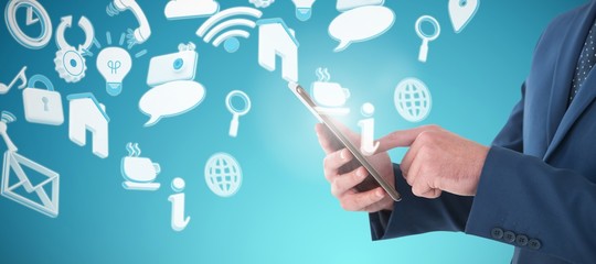 Poster - Composite image of midsection of businessman using digital