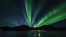 Pan Right, Northern Lights Timelapse Above Norway Fjord