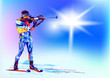 The polygonal colourful figure of a rifleman with a rifle, biathlon with on a white and blue background. Vector illustration blue background in a geometric triangle of XXIII style Winter games