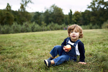 Portrait Of Toddler Holding Apple While Sitting In Grassy Field 
