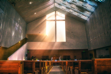 ZAPRESIC, CROATIA - MAY 21: Modern new Zapresic church interior on May 21, 2013 in Zapresic, Croatia. The church was being built for 20 years and was consecrated on May 26.