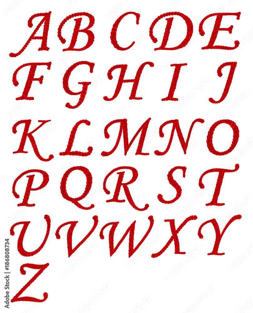 Rose alphabet - English alphabet made from red rose blossoms on white ...