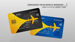 Air rewards bank card vector illustration. Bank credit (debit) card with air miles promotion creative concept. Plastic credit card with bonuses for frequent air travel graphic design.