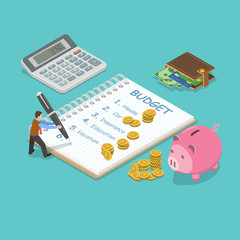 Wall Mural - Family budget flat isometric vector concept. Man is planning the family budget and write down it into the notepad. There is some amount of money near of the each of the budget item.