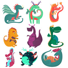 Cute Funny Dragon Characters Set, Cchildish Cartoon Style Fairy Dragons Vector Illustrations