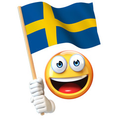 Wall Mural - Emoji holding Swedish flag, emoticon waving national flag of Sweden 3d rendering