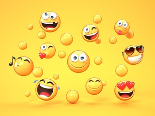 Poster - Various emojis on yellow background, 3d rendering