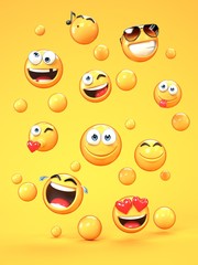 Canvas Print - Various emojis on yellow background, 3d rendering