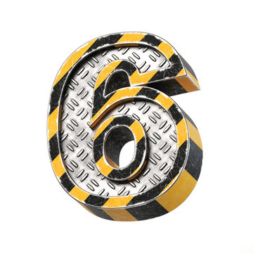 Industrial black and yellow striped metallic font, 3d rendering, number 6