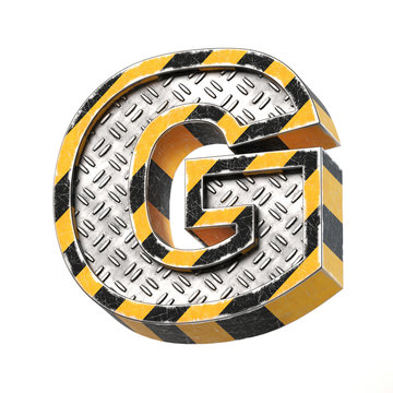 Industrial black and yellow striped metallic font, 3d rendering, letter G