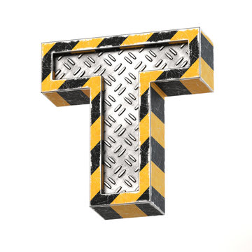 Industrial black and yellow striped metallic font, 3d rendering, letter T