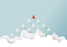 Paper Airplanes Flying From Clouds On Blue Sky.Paper Art Style Of Business Teamwork Creative Concept Idea.Vector Illustration