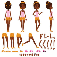 Wall Mural - Afro american young woman character creation set, girl with various views, hairstyles, shoes, poses and gestures, cartoon vector Illustrations