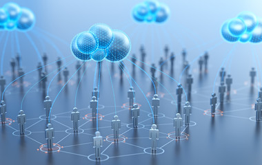 People of the world interconnected through the shared computer processing resources and data to computers, cloud computing. 3D illustration.