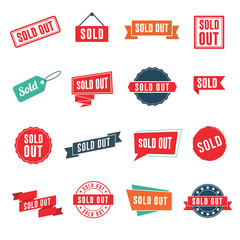 Sold out banners, labels, stamps, and signs isolated on white background