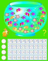 Exercise for young children. Need to count the aquarium inhabitants, paint corresponding number of them and write their quantity. Vector image.