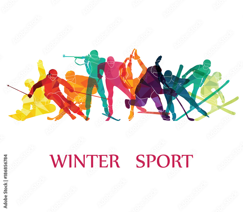 Color sport background. Winter olympic games. Hockey, biathlon, snowboarding, skating, ice skiing, Figure, freestyle. Vector illustration - obrazy, fototapety, plakaty 