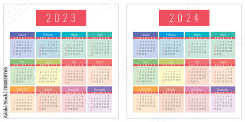 Calendar 2023 and 2024 years color Stock Vector | Adobe Stock