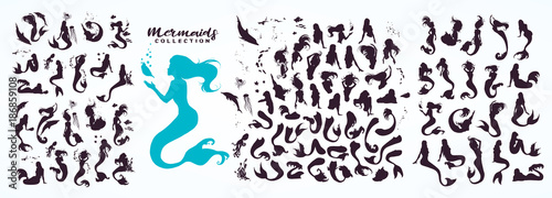 Fotografía Set: ink sketch collection of mermaids and siren creator, isolated on white