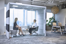 Colleagues Having Meeting In Glass Pod In Office