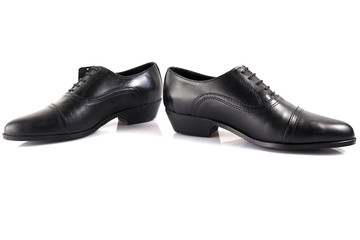 Male black leather shoe on white background, isolated product, comfortable footwear.