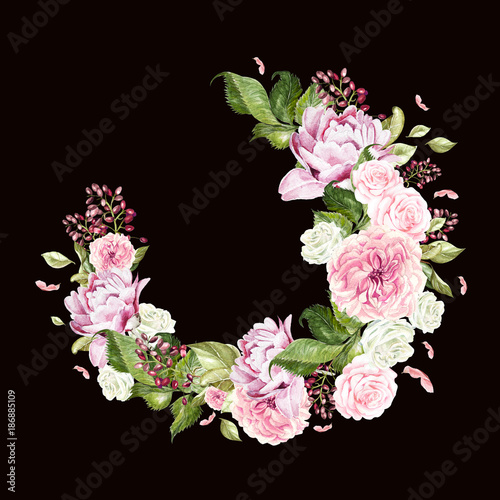 Beautiful, bright watercolor wreath with roses, peony and berry.