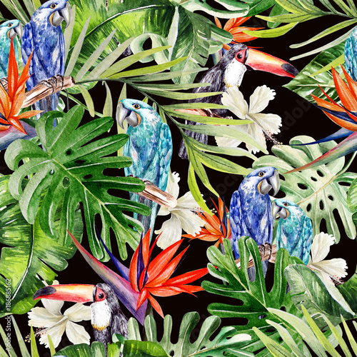 Beautiful watercolor seamless, tropical jungle floral pattern background with...