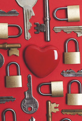 Wall Mural - Valentines unlock love concept. Red heart with padlock and key
