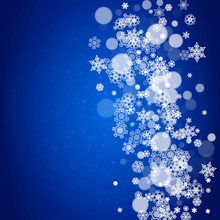 New Year Snowflakes On Blue Background With Sparkles. Winter Theme. Christmas And New Year Snowflakes Falling. For Season Sales, Special Offer, Banners, Cards, Party Invites, Flyers. White Frosty Snow