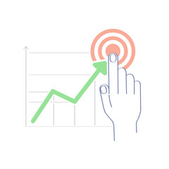 Wall Mural - Reach the goal, aim, growing business graph. Businessman manages financial growth graph. Template investment. Vector illustration flat design. Finger up holding chart arrow to target, aim.