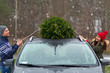 © pikselstock - Couple with their christmas tree on roof of the car