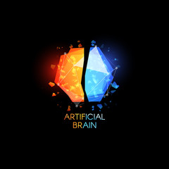 Poster - Artificial intellect, brain logo. Glasses colorful abstract polygonal shapes with shards of glass. Vector logotype template.