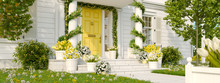 Spring Decorated Porch With A Lot Of Flowers. 3d Rendering
