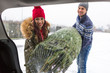 © pikselstock - Couple Loading Freshly Cut Down Christmas Tree Into Back Of Their Car