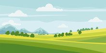 Cute Rural Landscape Tree, Field, Mountains, Cartoon Style, Vector, Illustration, Isolated
